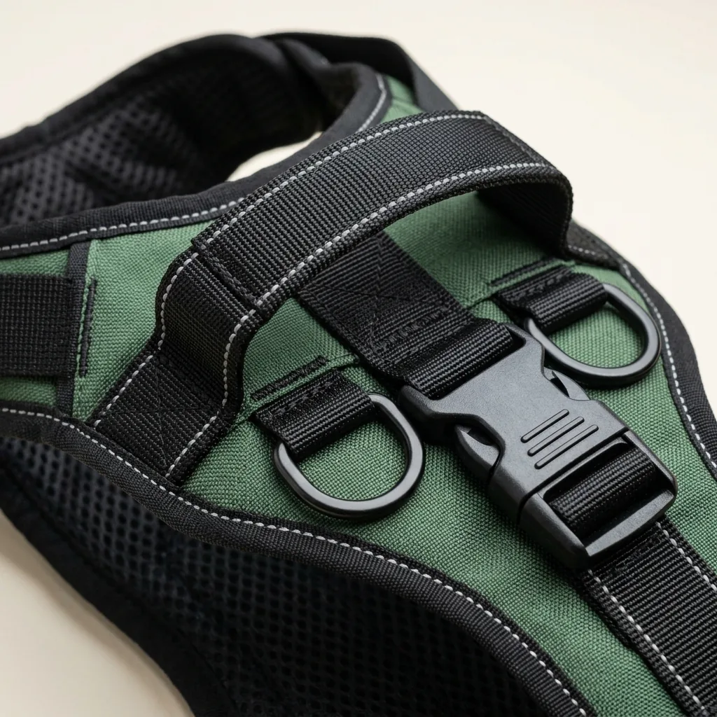 Close-up of RadPaws tactical vest handle, buckle, and alloy D-rings