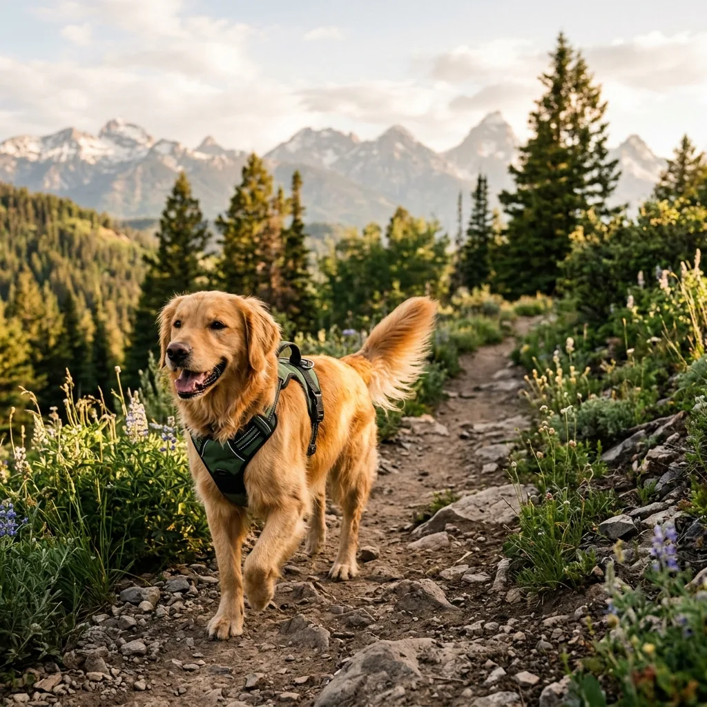 Golden retriever happily hiking with RadPaws gear on a mountain trail