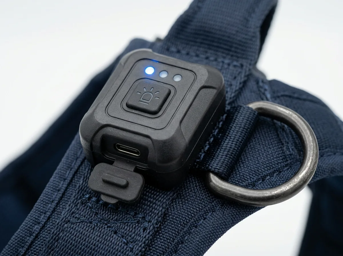 Close-up of RadPaws LED harness switch, USB-C port, and alloy D-ring
