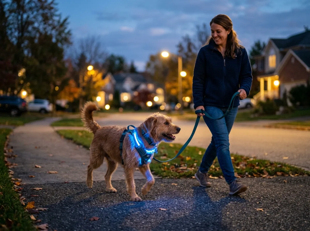 Dog safely walking on twilight roadside illuminated by RadPaws LED harness