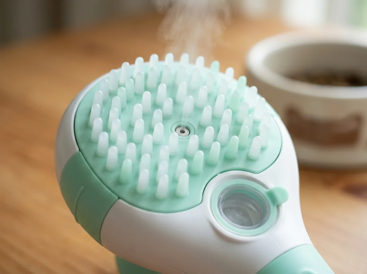 Close-up of RadPaws steam brush silicone bristles and ultrasonic nozzle