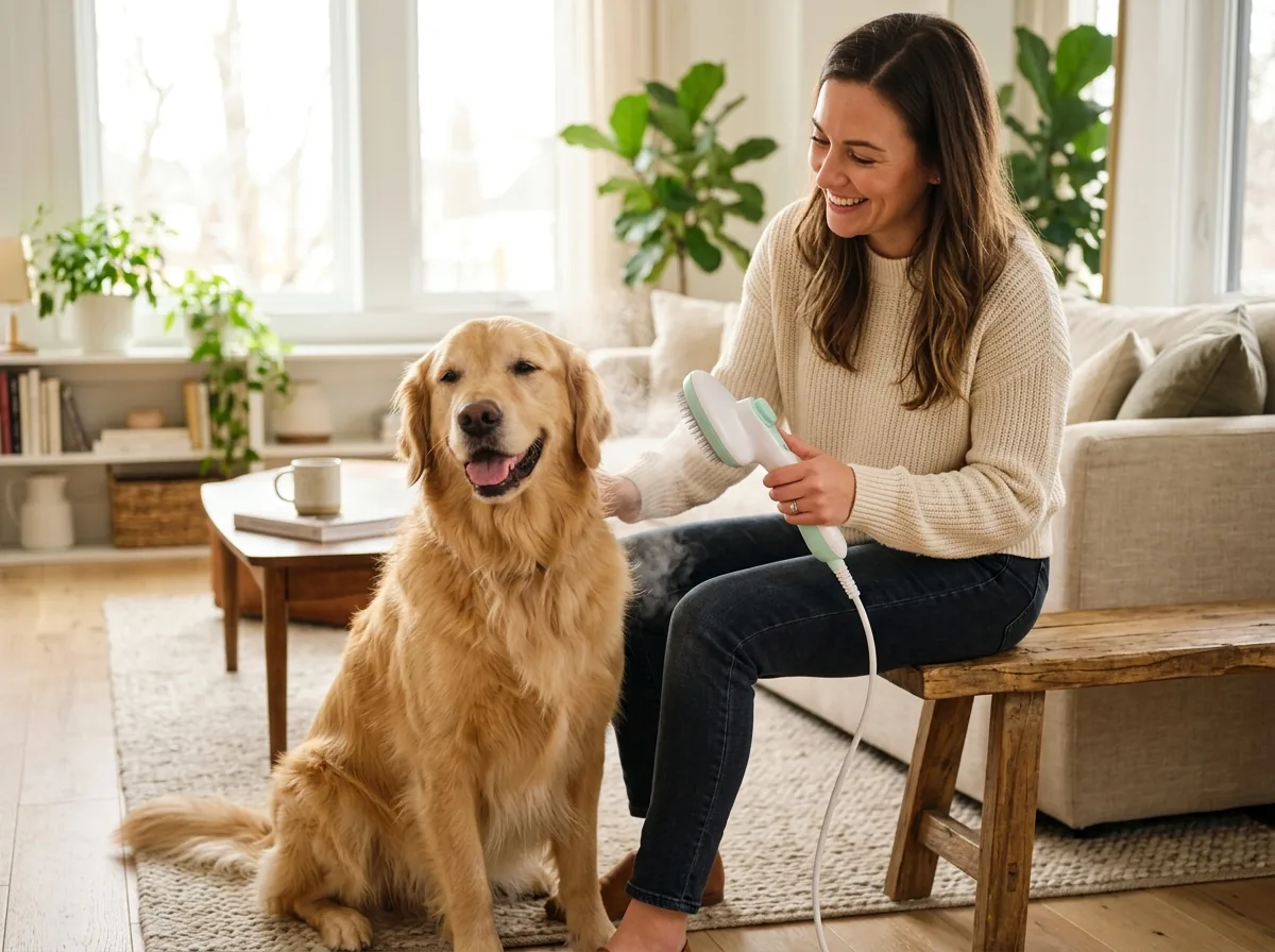 Golden retriever calmly enjoying grooming with RadPaws steam brush